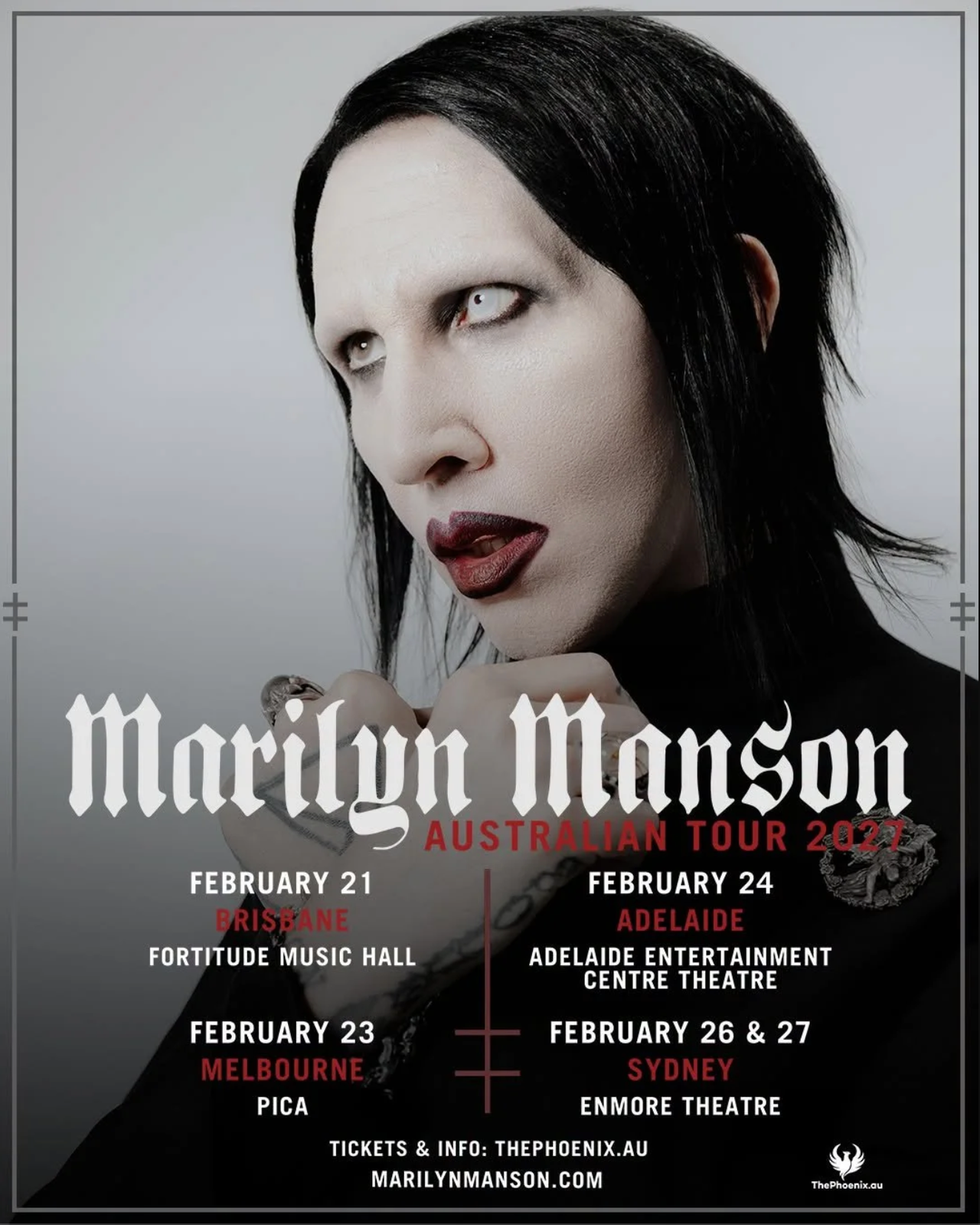 Marilyn Manson Australian Tour 2027 poster listing concert dates for Brisbane, Melbourne, Adelaide, and Sydney.